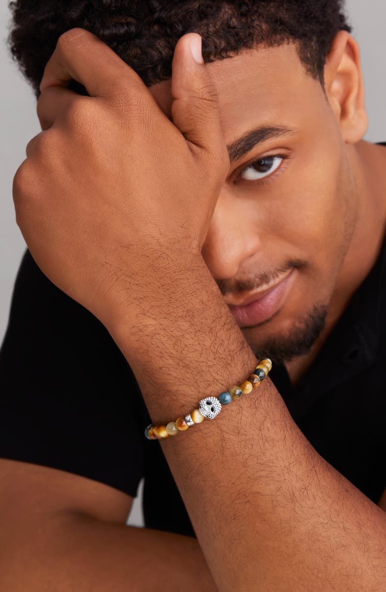 LAGOS Men's Anthem Tiger's Eye Skull Stretch Bracelet, Alternate, color, Sterling Silver