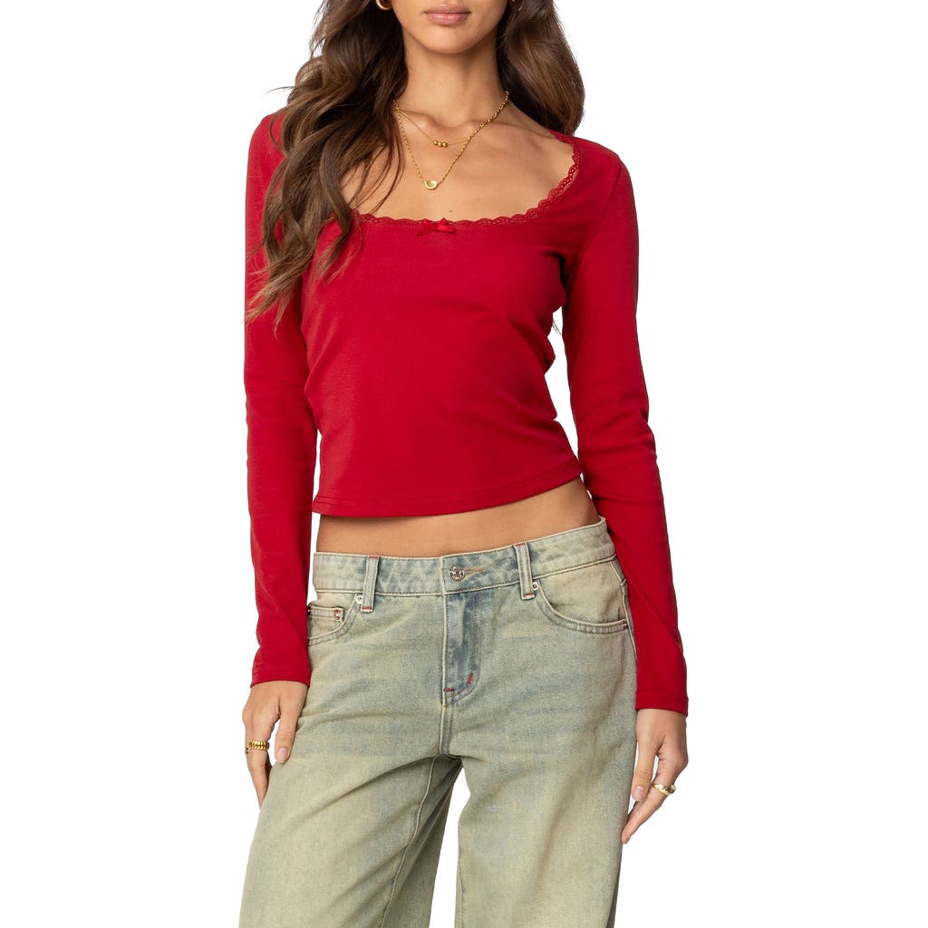 Edikted Mora Lace Trim Ribbed T Shirt In Red