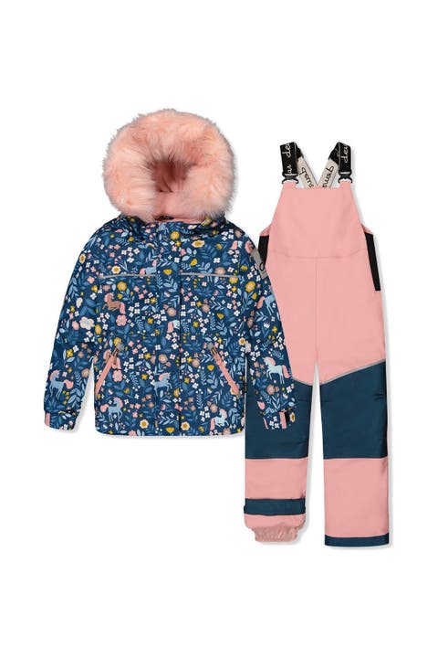Discover Unicorn Faux Fur Hood Jacket & Suspender Pants Two Piece Snowsuit