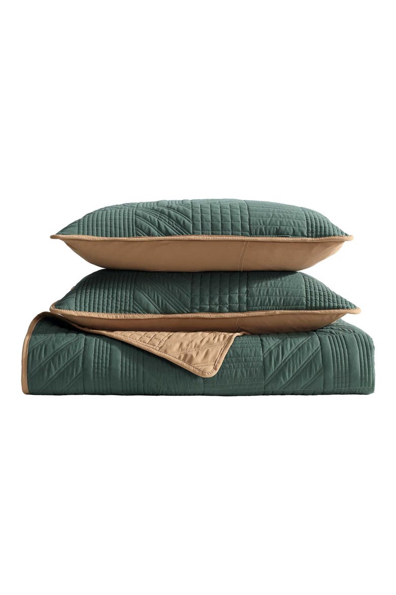 Solid Washed Microfiber Quilt Set, Main, color, EVERGREEN/ BROWN