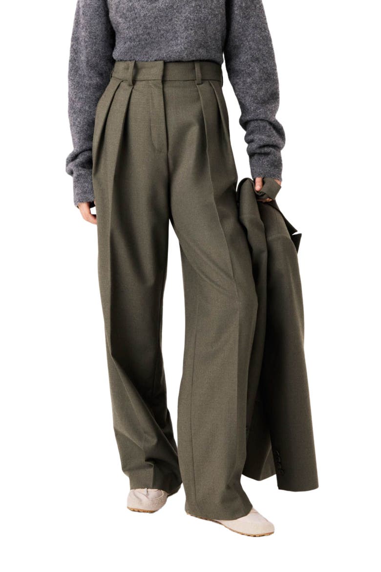 Wide-leg suit trousers with pleats, Alternate, color, Khaki