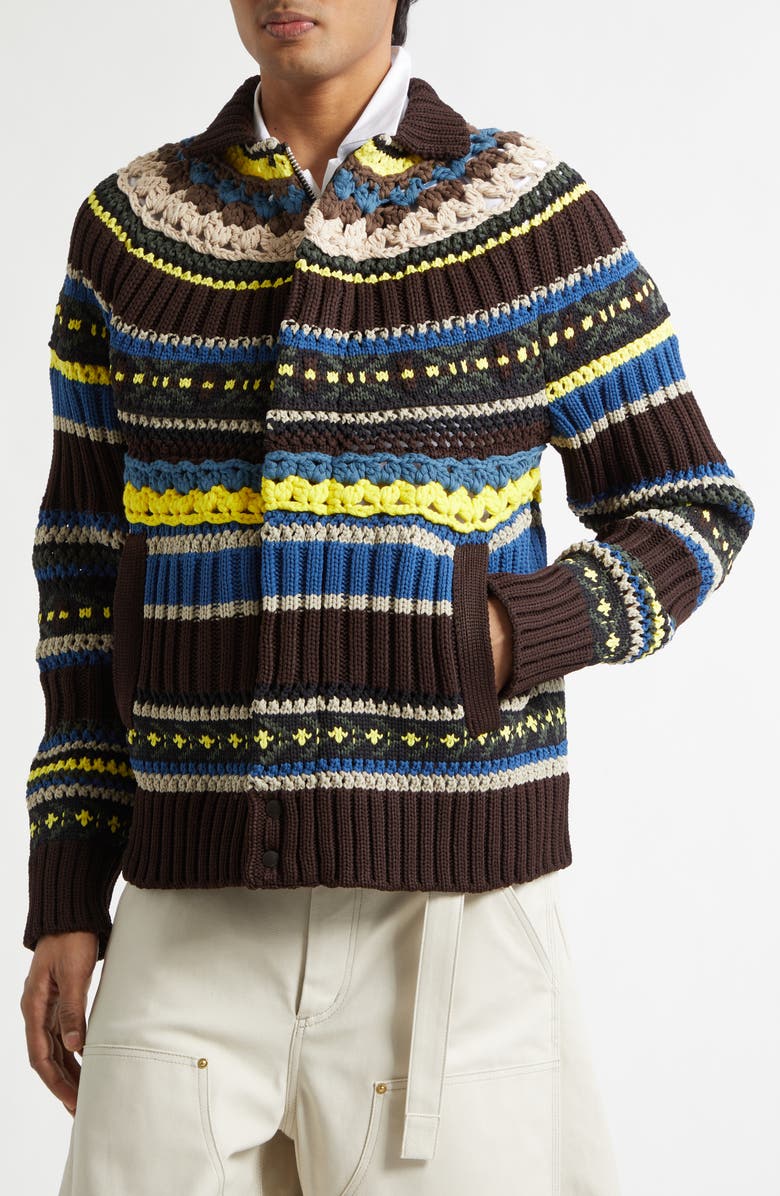 Sacai Mix Knit Cardigan, Alternate, color, Brown