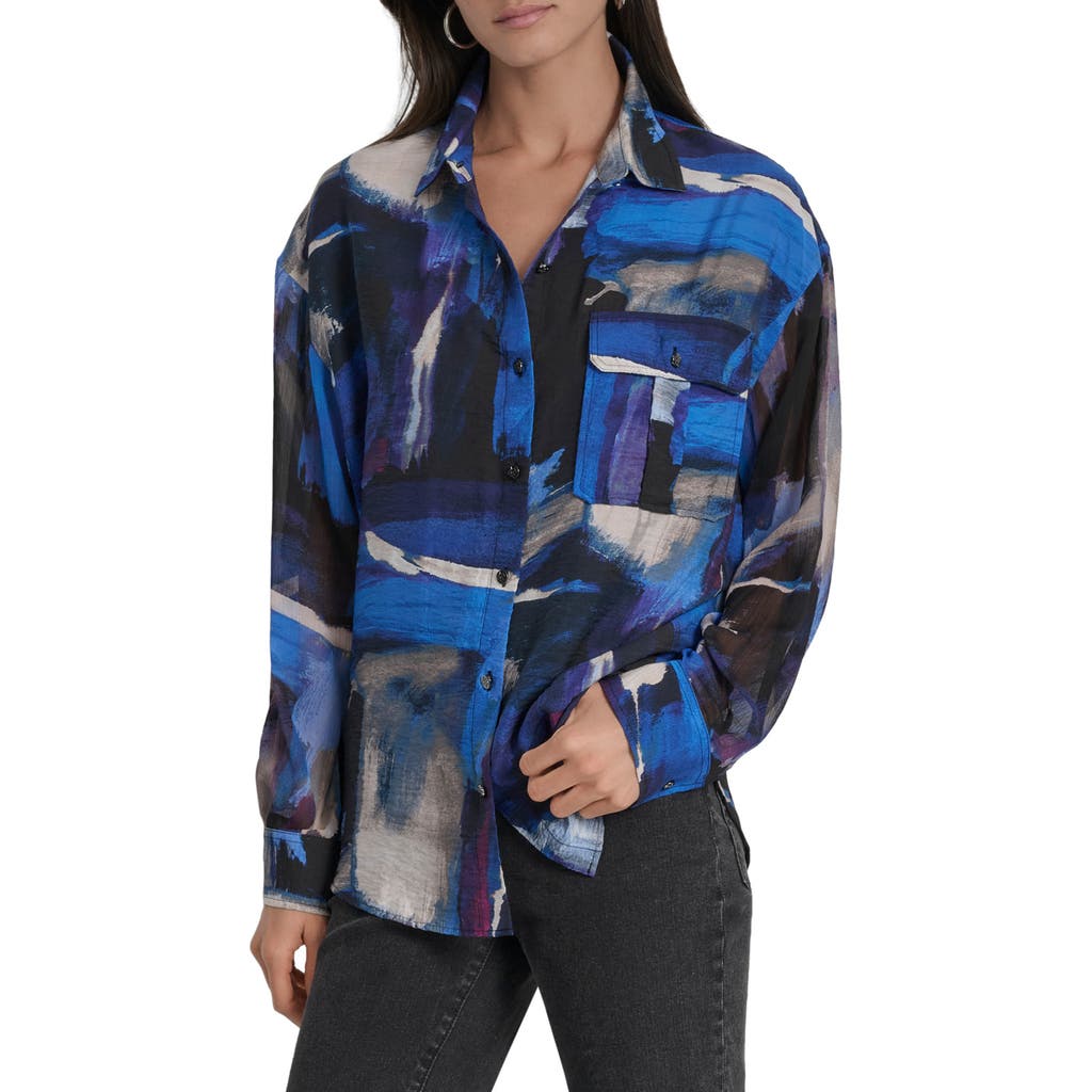 Dkny Printed Rumple Button-up Shirt In Blue