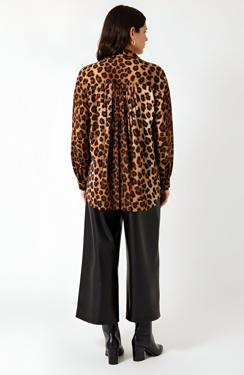 Modenaire Leopard Print Button-Up Blouse with Pleated Front and Classic Point Collar, Alternate, color, 