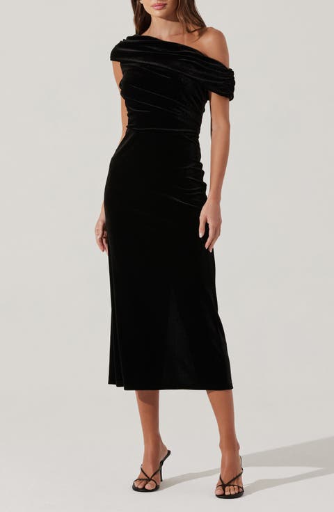 One-Shoulder Velvet Midi Dress
