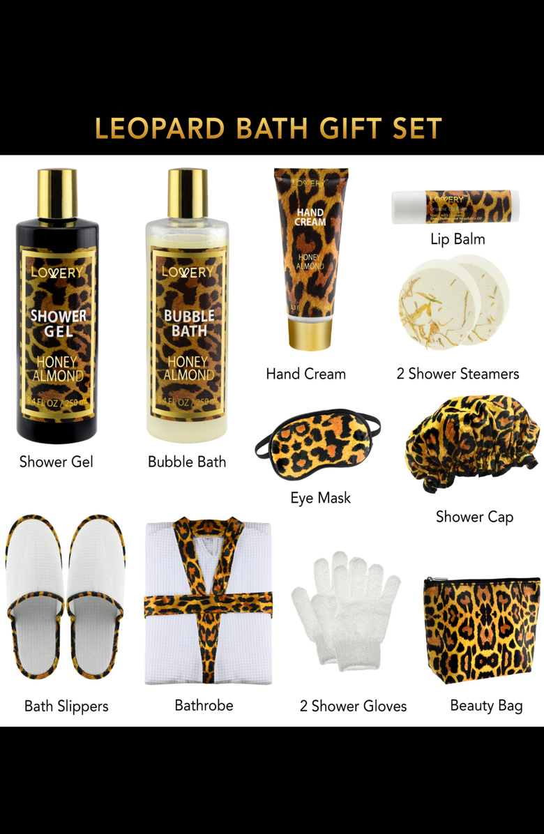 Lovery Luxe Leopard Honey Almond Bath Gift Box - 17Pc Home Spa Kit, Alternate, color, Leopard