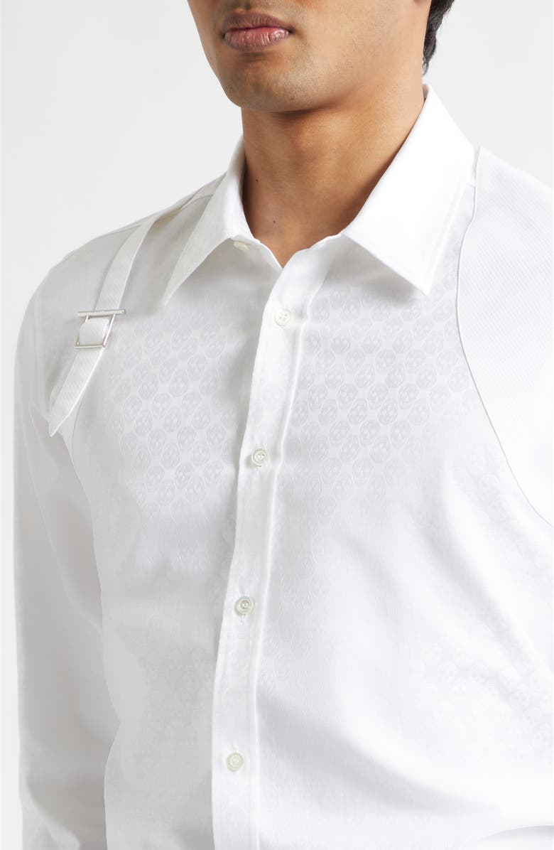 McQueen Harness Strap Skull Print Cotton Poplin & Piqué Button-Up Shirt, Alternate, color, White