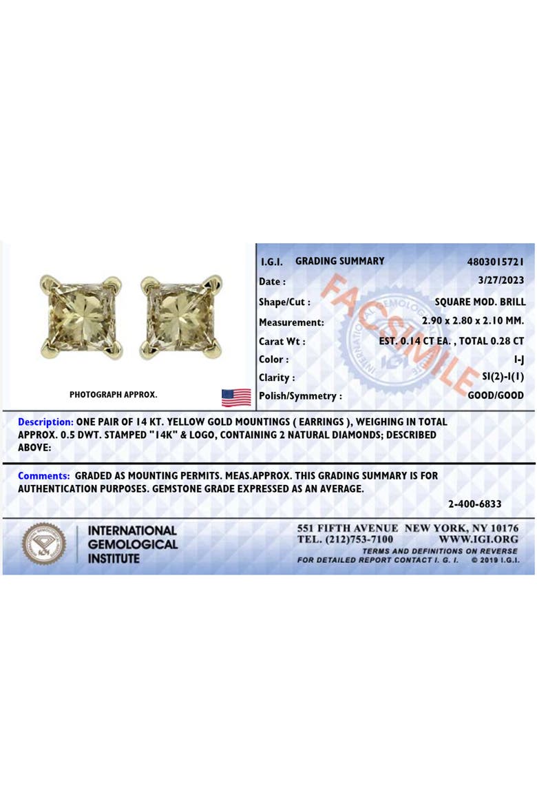 IGI Certified 14K Yellow Gold 1/4 Cttw Princess-Cut Diamond Solitaire Stud Earrings, Alternate, color, Yellow Gold