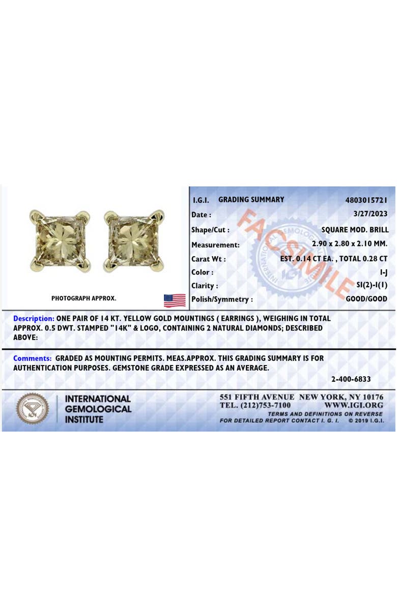 Haus of Brilliance IGI Certified 14K Yellow Gold 1/4 Cttw Princess-Cut Diamond Solitaire Stud Earrings, Alternate, color, Yellow Gold