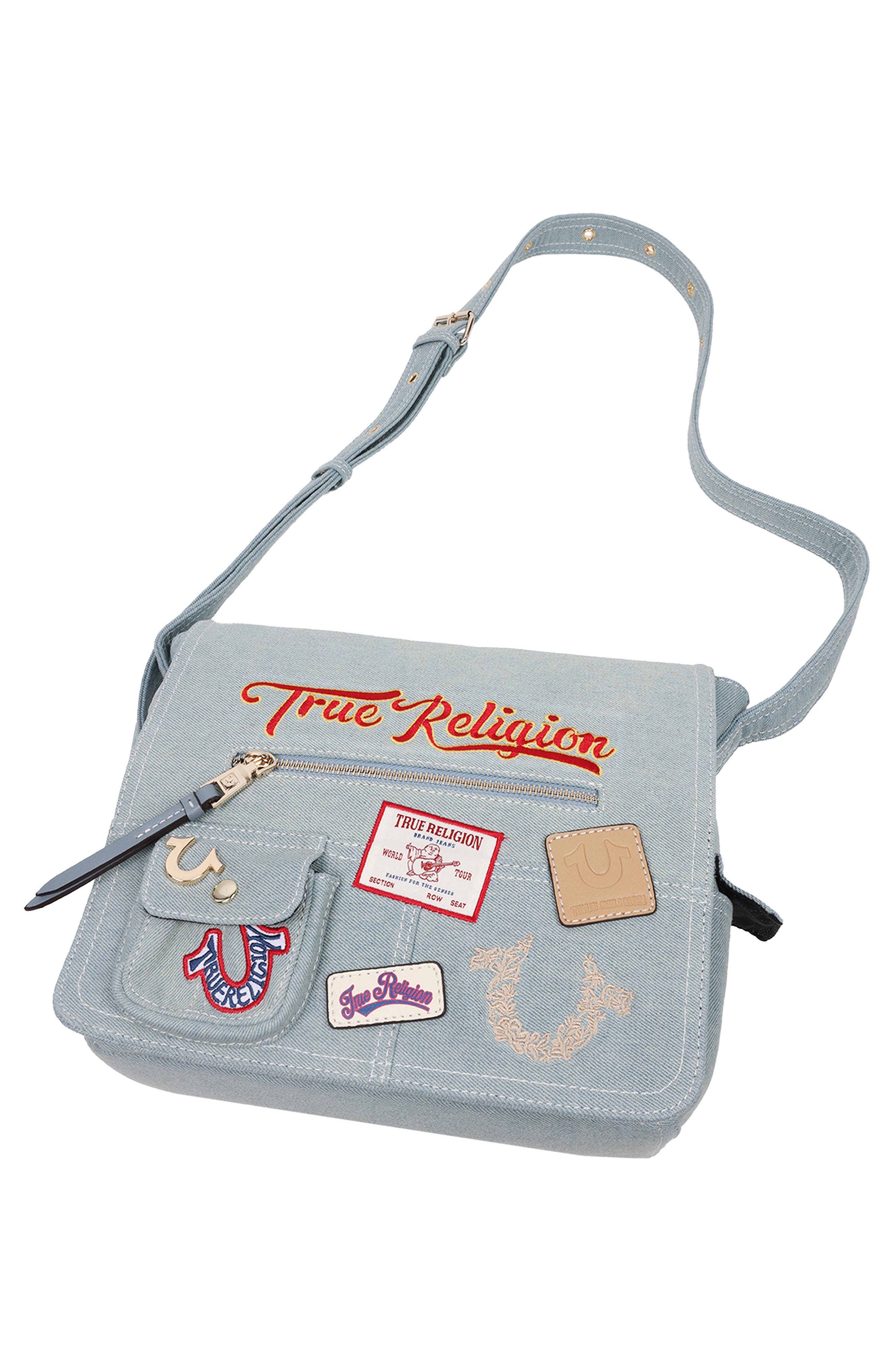 True Religion Multipatch Denim Messenger Bag, Alternate, color, Denim