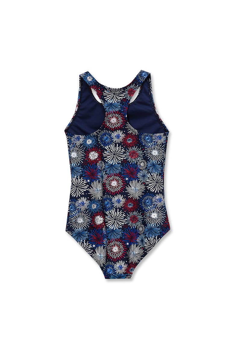 Girls Chlorine Resistant Sporty Hi-Neck Racer Back One Piece Swimsuit, Alternate, color, Red/White/Blue/Foil Fireworks