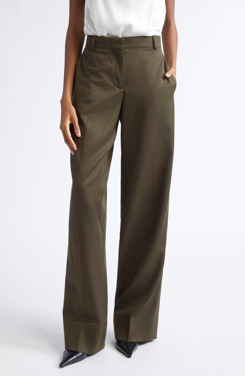 Stella McCartney Shiny Loose Wool Trousers, Main, color, Khaki