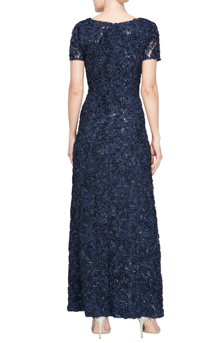 Alex Evenings Sequin Soutache Short Sleeve A-Line Gown, Alternate, color, Navy