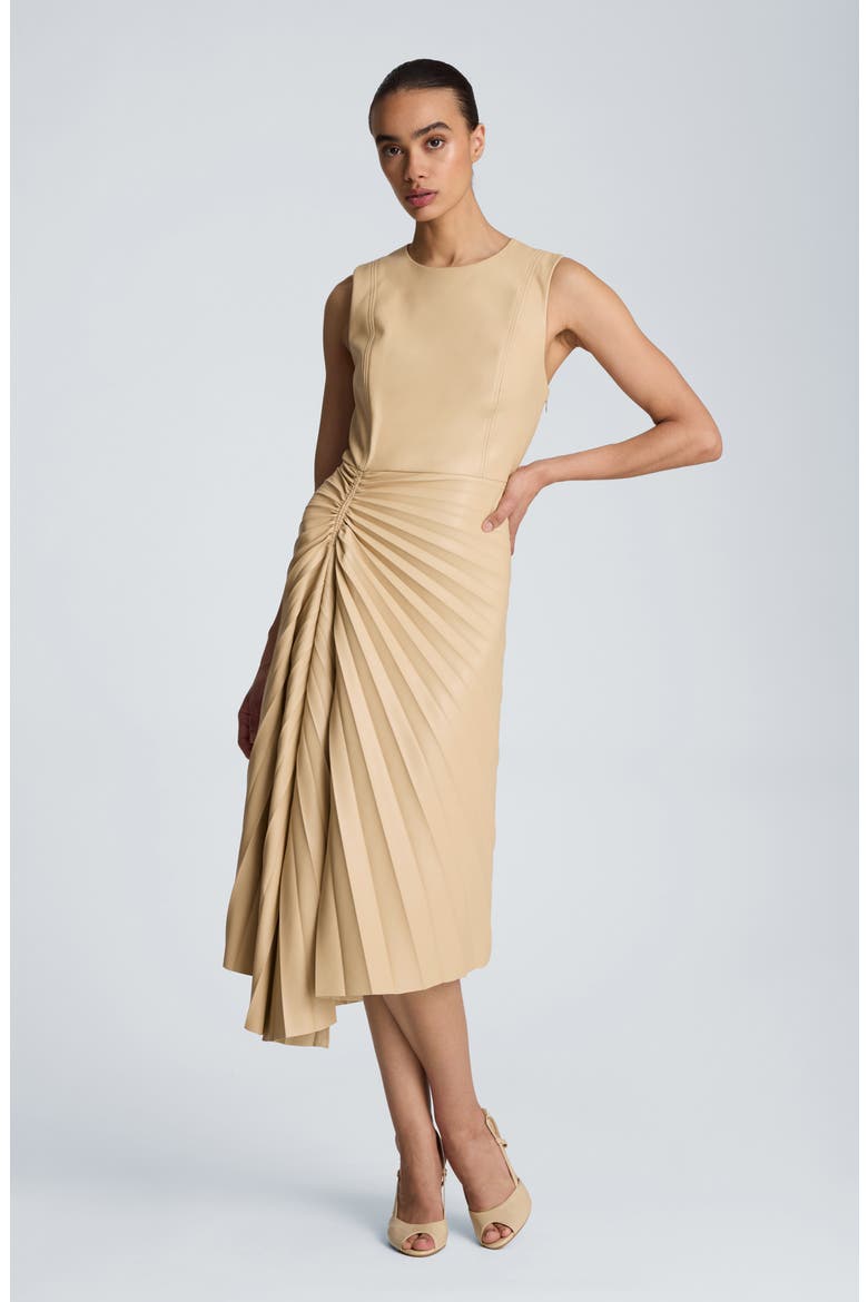 Sunburst Pleat Faux Leather Sleeveless Dress, Alternate, color, BISCOTTI