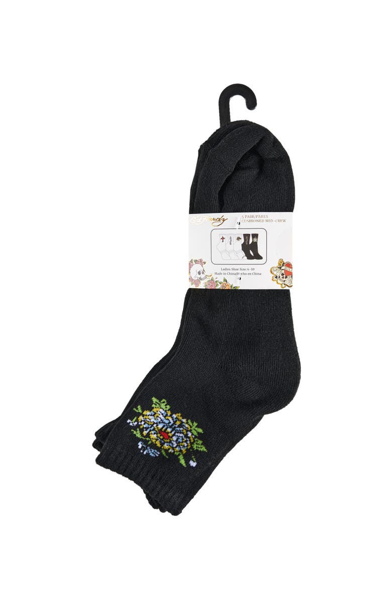 Ed Hardy Flower Heart Print Half Cushion Mid Crew Sock 5-Pack, Alternate, color, White Multi