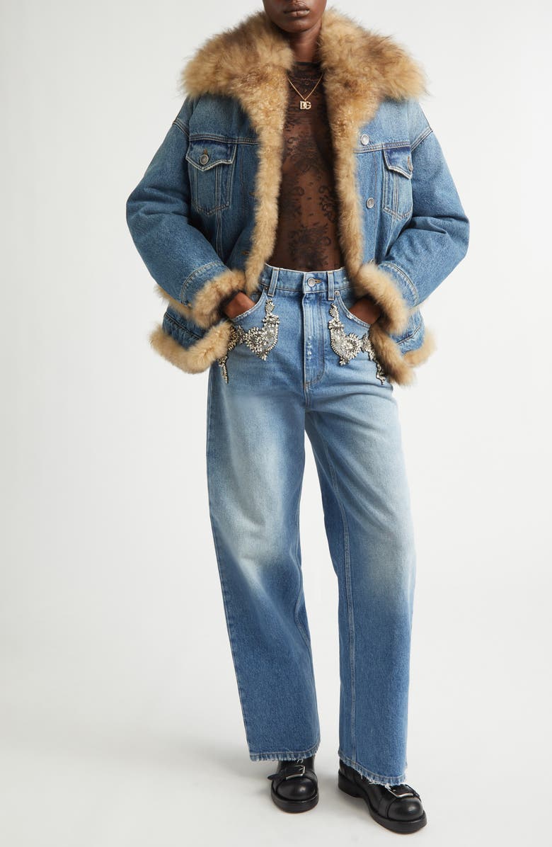 Dolce&Gabbana Genuine Shearling Lined Denim Trucker Jacket, Alternate, color, Variante Abbinata