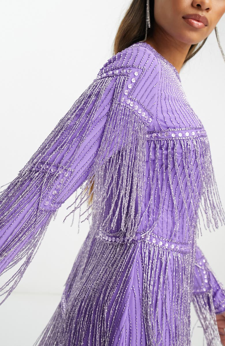 ASOS DESIGN Beaded Fringe Long Sleeve Minidress, Alternate, color,