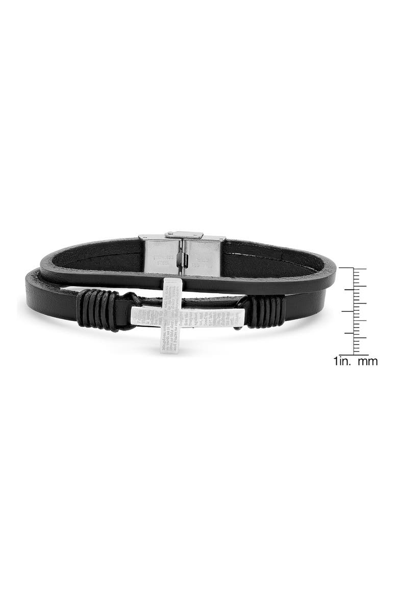 Men's Stainless Steel Lord's Prayer Cross Layered Leather Bracelet, Alternate, color, BLACK-METALLIC