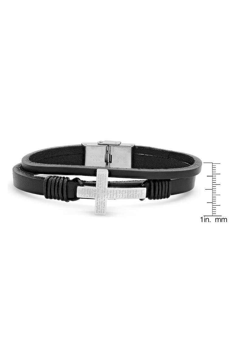 HMY JEWELRY Men's Stainless Steel Lord's Prayer Cross Layered Leather Bracelet, Alternate, color, Black-Metallic