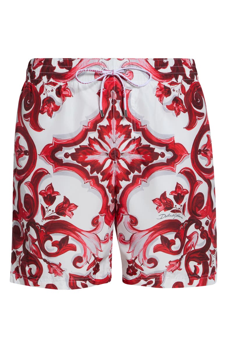 Dolce&Gabbana Majolica Print Swim Trunks, Main, color, Maiolica 1 Rubino