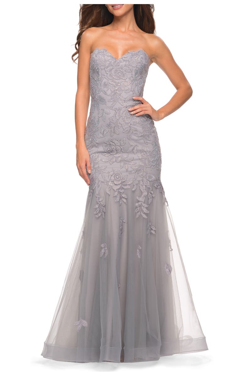 La Femme Mermaid Strapless Elegant Lace and Tulle Gown, Main, color, 