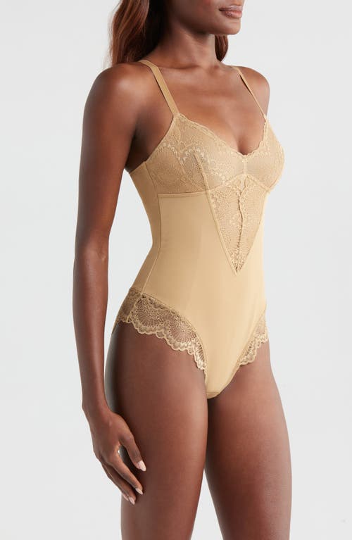 Pinsy Sculpting Lace Shapewear Bodysuit In Beige Sand