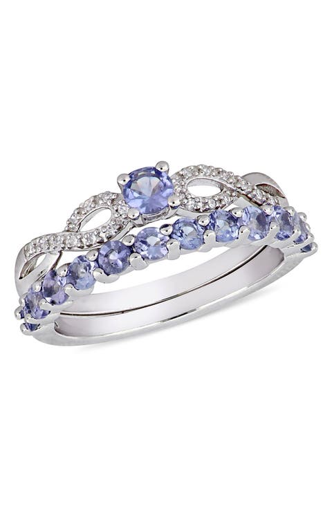 Sterling Silver Prong Set Tanzanite & Pave Diamond Infinity Band Ring