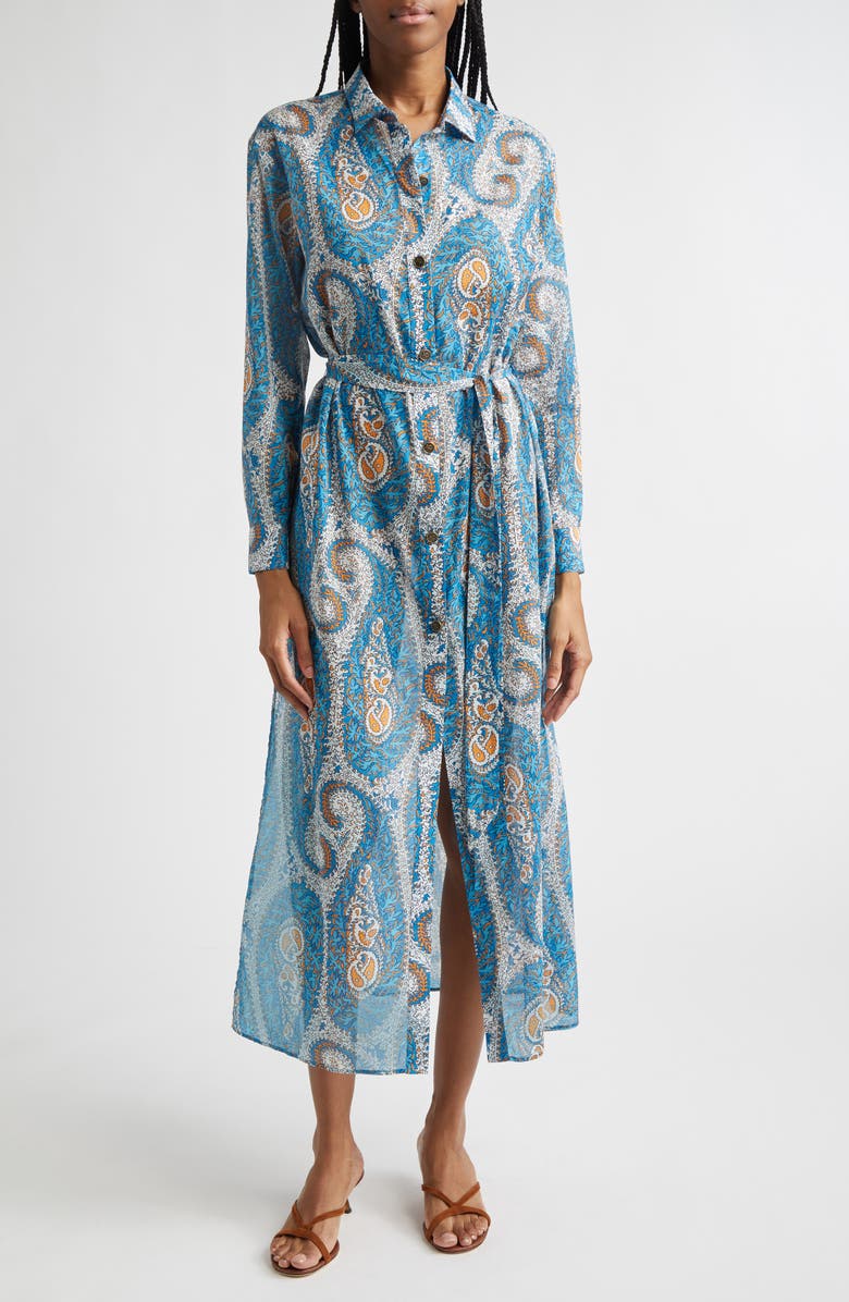 Etro Paisley Print Belted Long Sleeve Cotton Shirtdress, Main, color, Print On White Base