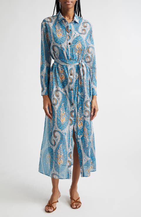 Paisley Print Belted Long Sleeve Cotton Shirtdress