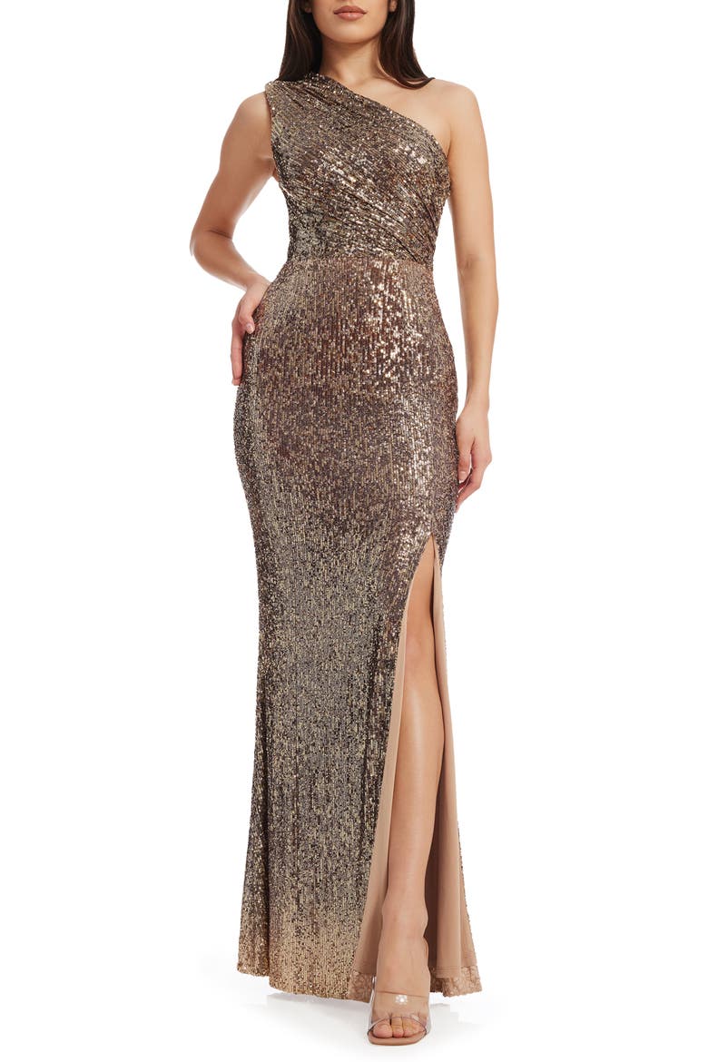 Sariah Sequin One-Shoulder Gown, Main, color, BRONZE MULTI