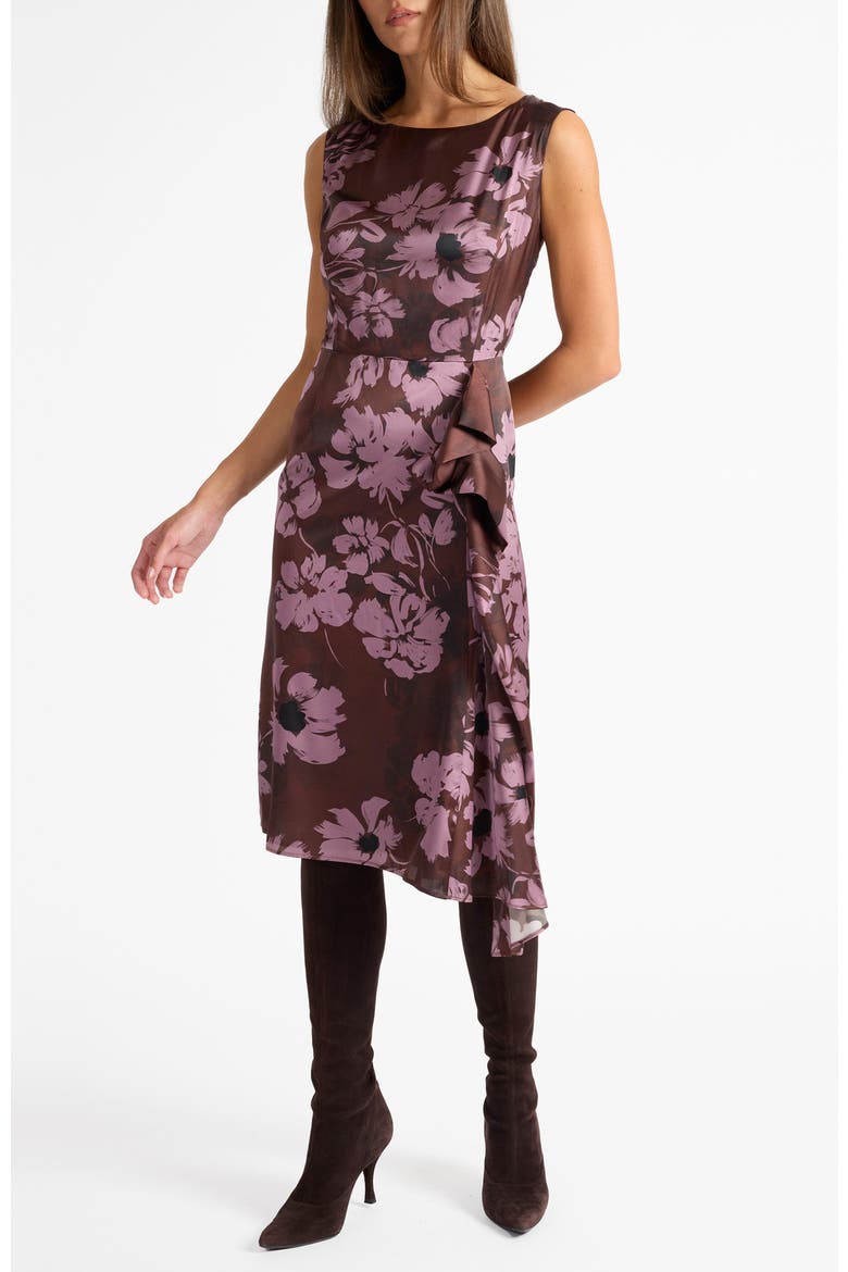 Nica Sleeveless Dress with Side Ruffle in Floral Twill Crepe, Alternate, color, RAISIN
