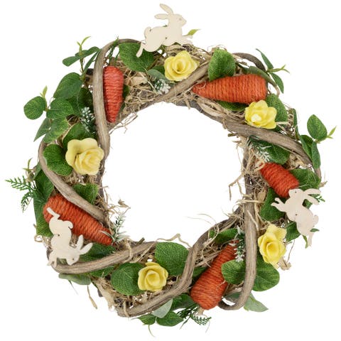 Bunnies and Carrots Small Artificial Easter Twig Wreath - 12"
