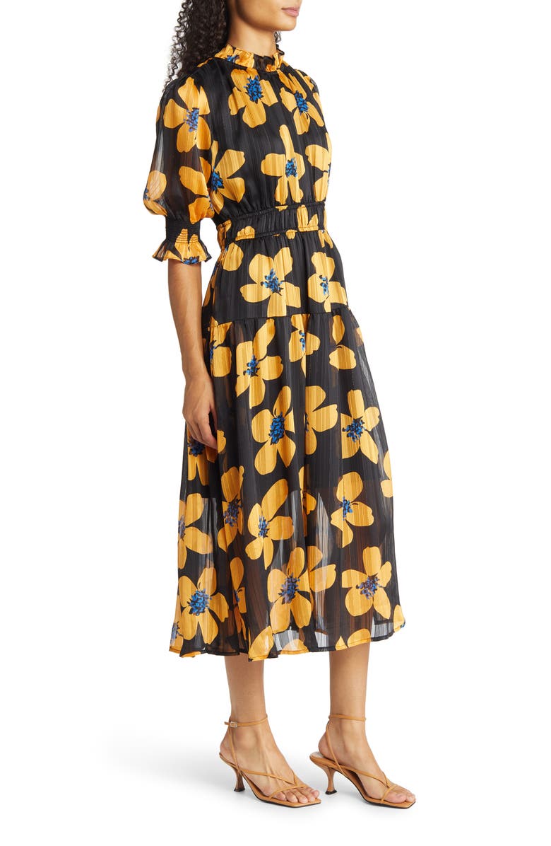 MELLODAY Floral Puff Sleeve Pleated Midi Dress, Alternate, color, 