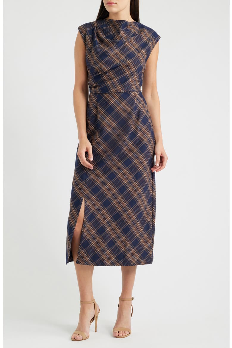 Plaid Pleated Midi Dress, Main, color, NAVY BROWN