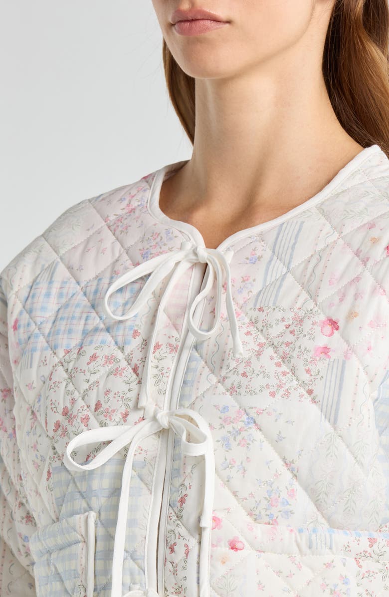 All in Favor Tie Front Quilted Jacket, Alternate, color, Blush Blue Patchwork