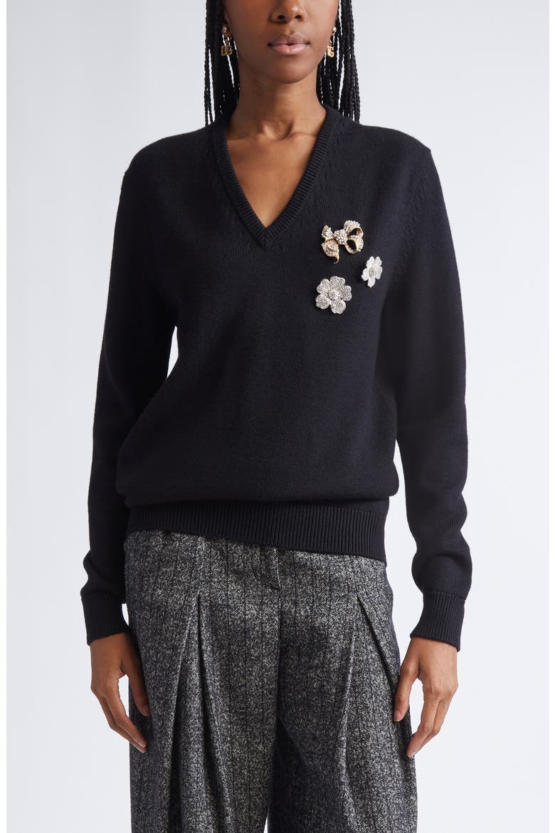 Floral Brooch Virgin Wool V-Neck Sweater, Main, color, N0000 NERO