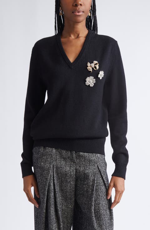 Floral Brooch Virgin Wool V-Neck Sweater