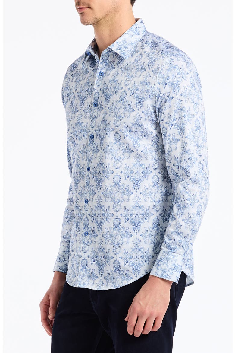 Delancey Damask Print Stretch Cotton Button-Up Shirt, Alternate, color, NAVY