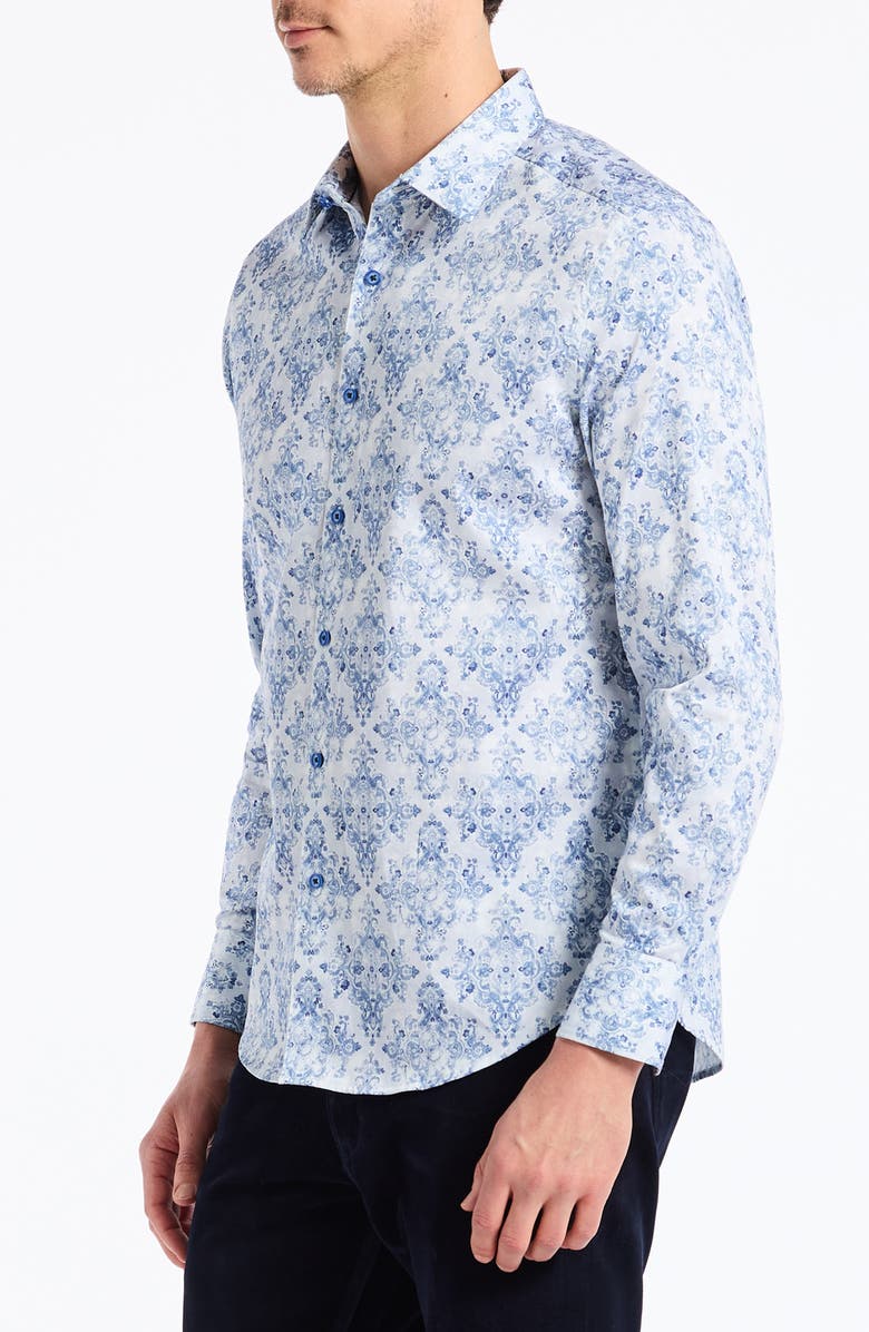 Robert Graham Delancey Damask Print Stretch Cotton Button-Up Shirt, Alternate, color, Navy