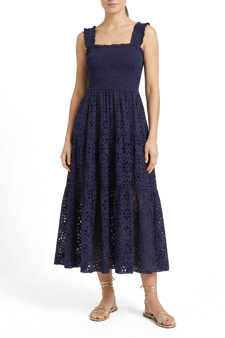 Kristen Sleeveless Smocked Eyelet Midi Dress, Main, color, Navy Seaside Eyelet