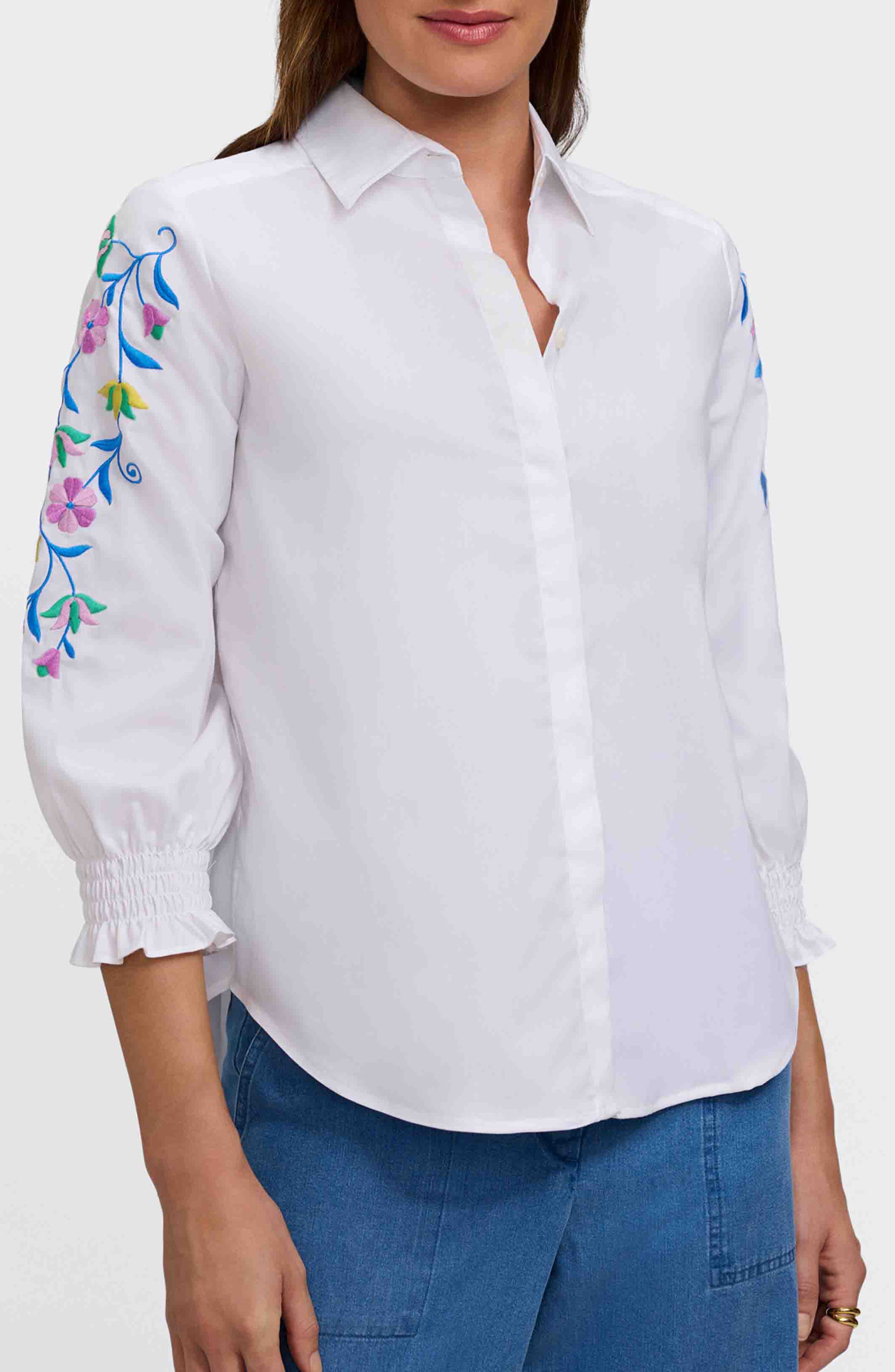 Olivia Embroidered Sleeve Stretch Cotton Blend Button-Up Shirt