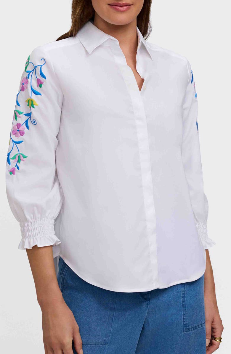 Foxcroft Olivia Embroidered Sleeve Stretch Cotton Blend Button-Up Shirt, Main, color, 