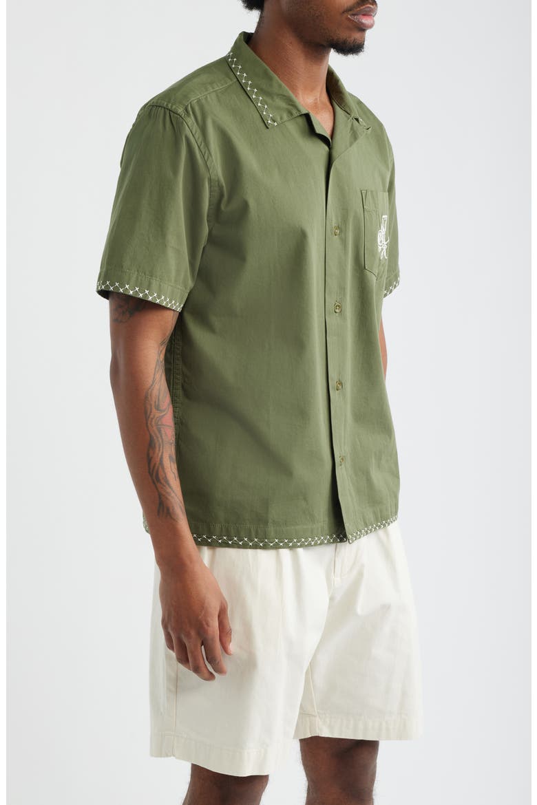 Border Embroidered Short Sleeve Button-Up Shirt, Alternate, color, OLIVE