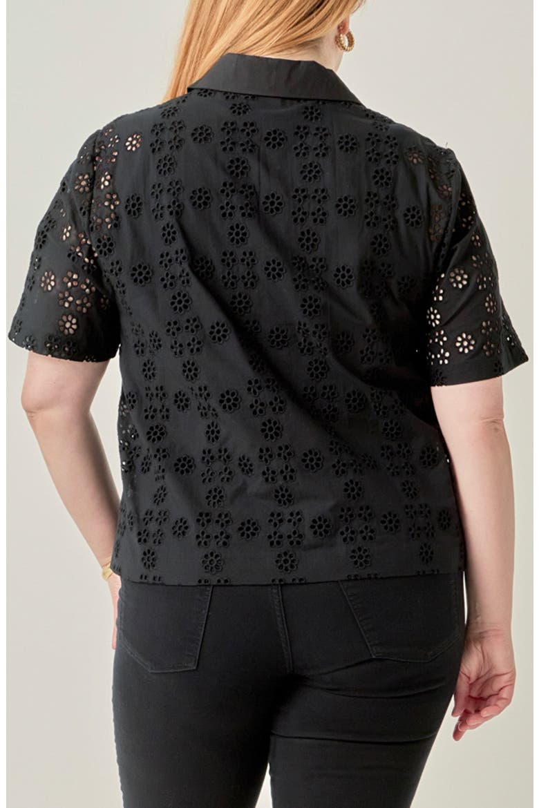 Embroidered Eyelet Cotton Camp Shirt, Alternate, color, BLACK