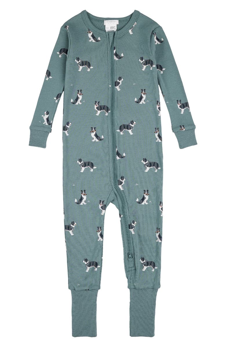 FIRSTS by Petit Lem Australian Shepherd Print One Piece Cotton Convertible Footie Pajamas, Main, color, Turquoise