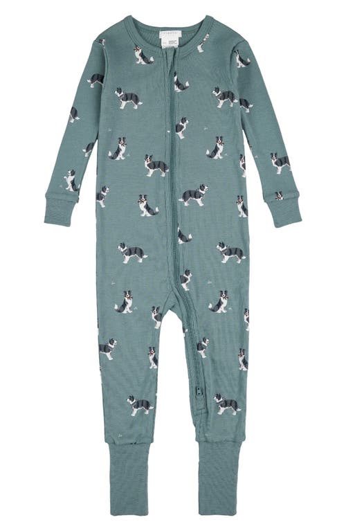 FIRSTS by Petit Lem Australian Shepherd Print One Piece Cotton Convertible Footie Pajamas in Turquoise 