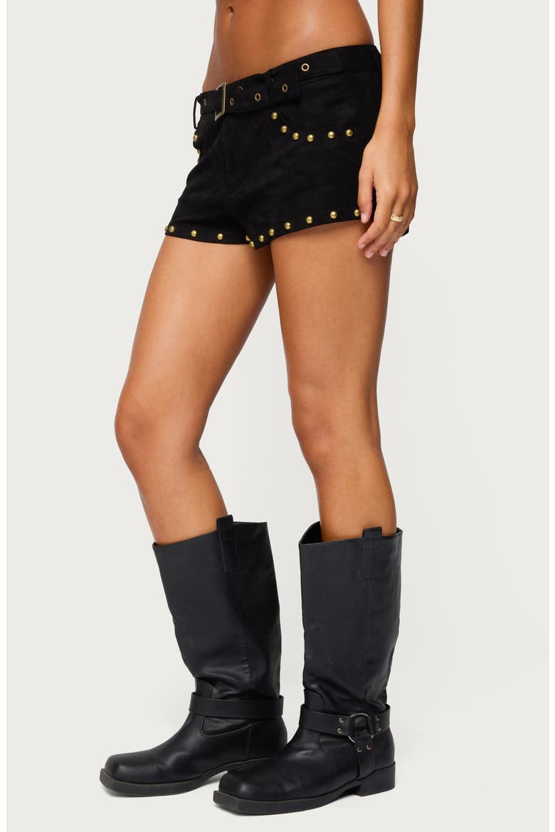 Belted Studded Faux Suede Microshorts, Alternate, color, BLACK