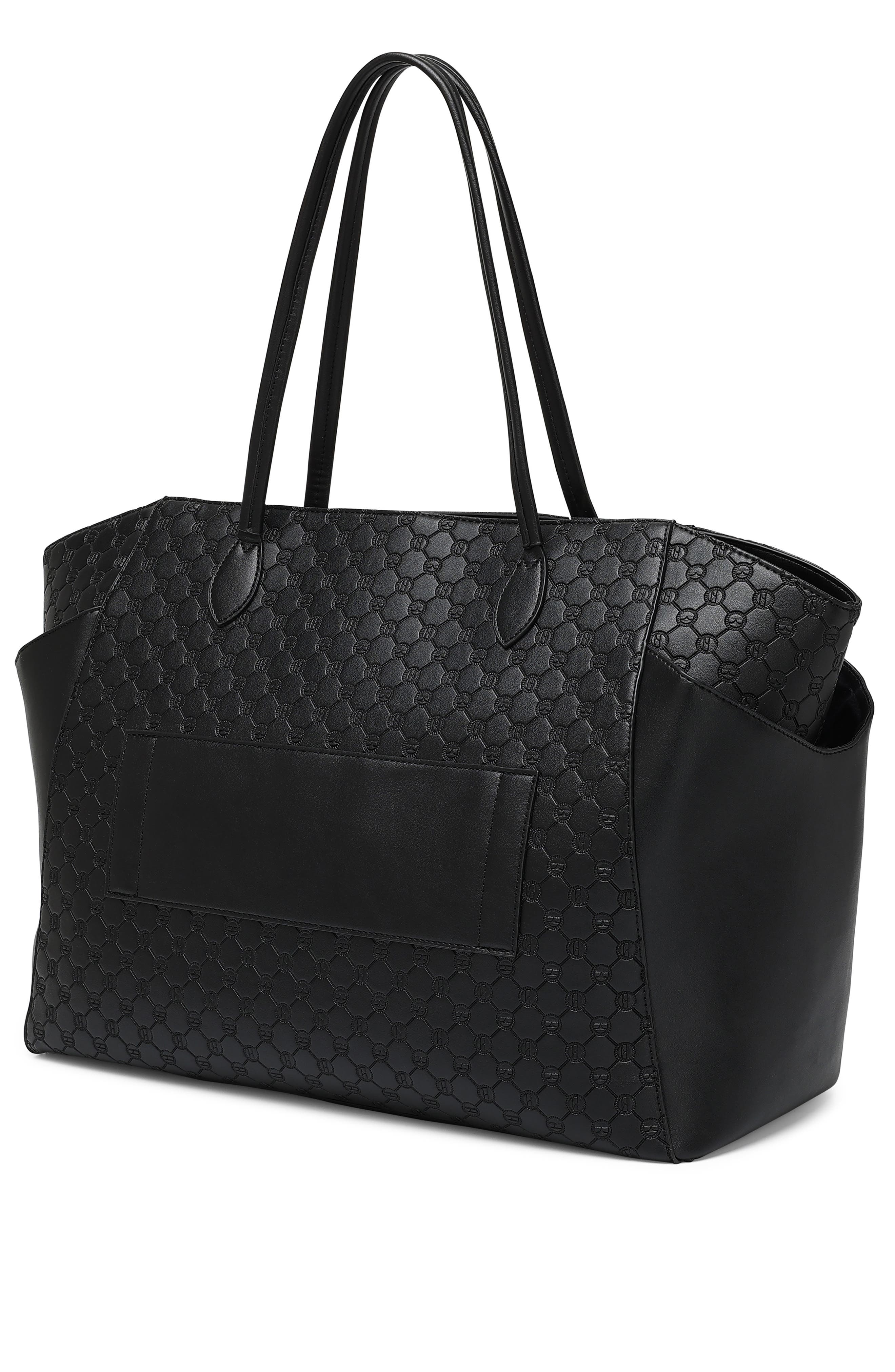 ELLE Compass 32L Vegan Leather Monogram Weekender Duffel Bag, Alternate, color, Black