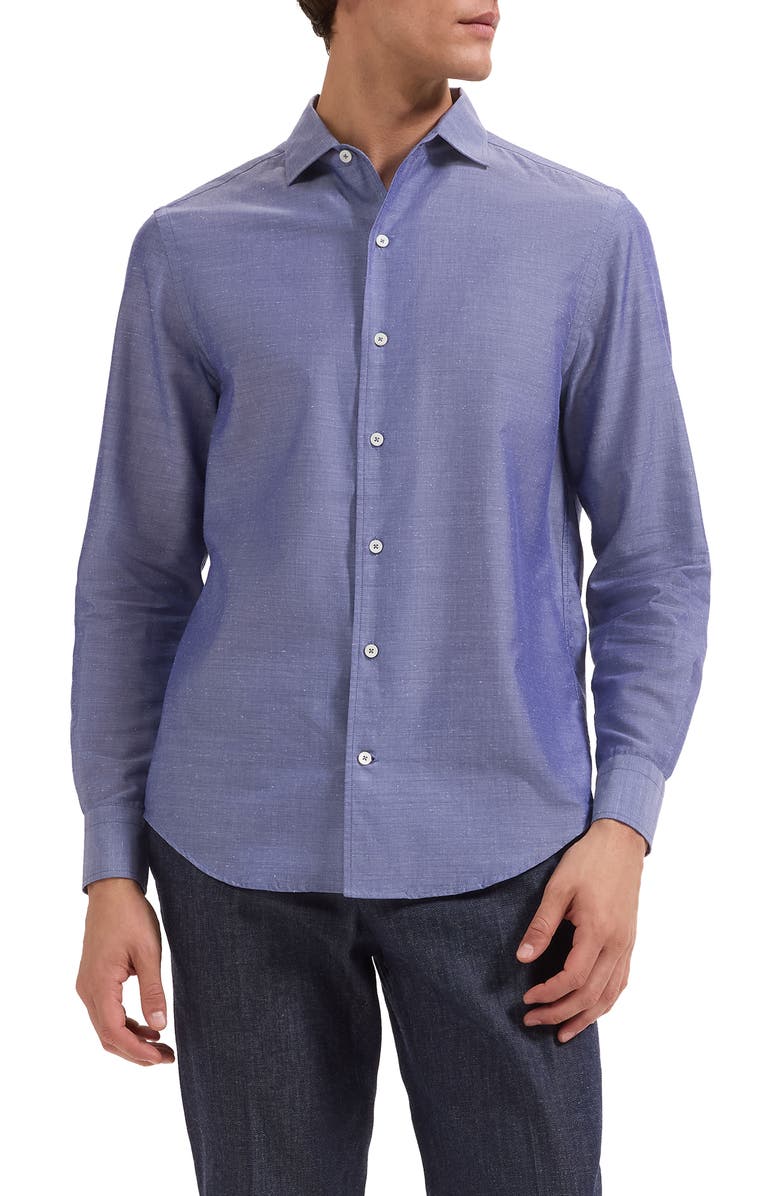 Bugatchi Axel Shaped Fit Cotton Blend Button-Up Shirt, Main, color, Indigo