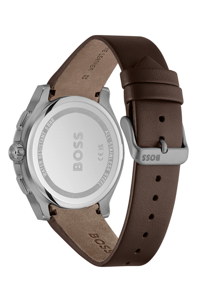 BOSS Peak 2.0 Chronograph Leather Strap Watch, 45mm, Alternate, color, Brown/ Gray